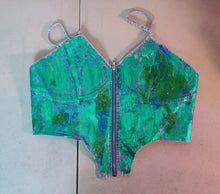 Load image into Gallery viewer, Jade/Cyan 🩵 Distressed Foiled Painted Bustier Crop Top Size 18
